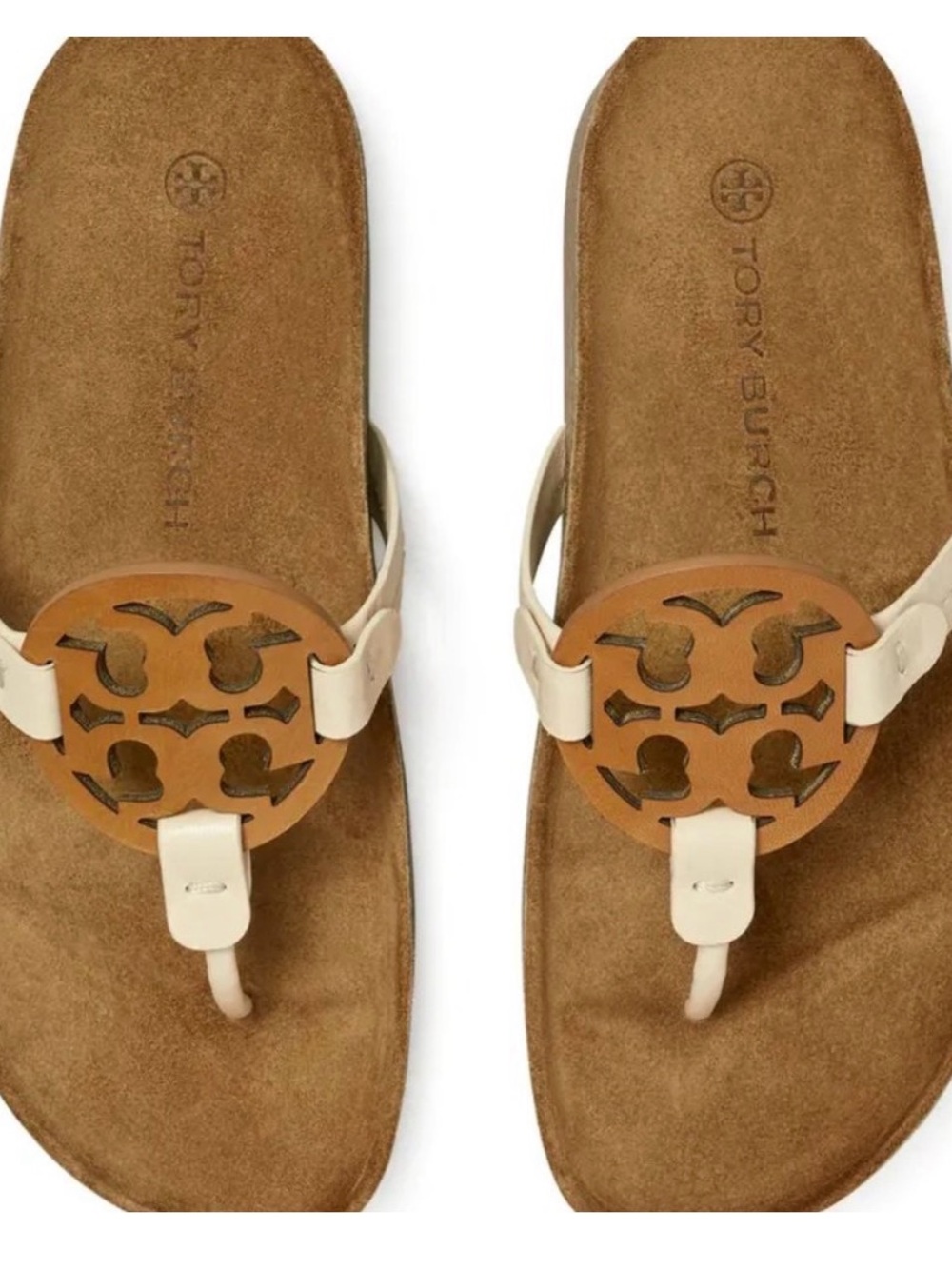 Tory Burch Cream Leather Sandal with Caramel Logo Medallion Size 7